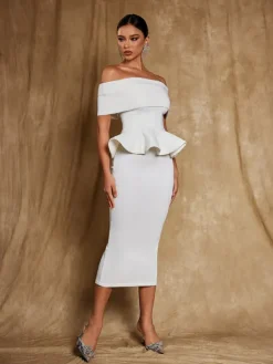 Dresses|Midi Dresses*Mew Mews Fashion Augustus Off Shoulder Flounce Midi Dress In White