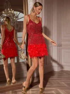 Dresses|Mini Dresses*Mew Mews Fashion Austyn Tassel Feather Mini Dress In Red