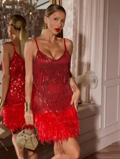 Dresses|Mini Dresses*Mew Mews Fashion Austyn Tassel Feather Mini Dress In Red