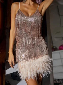 Dresses|Mini Dresses*Mew Mews Fashion Austyn Tassel Feather Mini Dress In Champagne