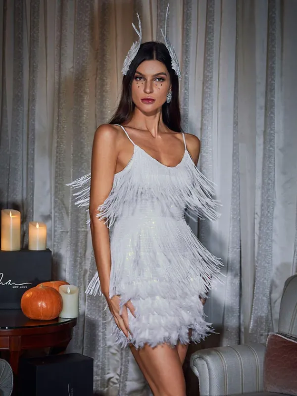 Dresses|Mini Dresses*Mew Mews Fashion Austyn Tassel Feather Mini Dress In White