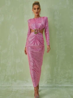 Dresses|Maxi Dresses*Mew Mews Fashion Aviva Long Sleeve Cutout Sequin Maxi Dress In Pink