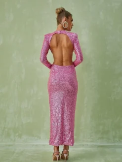 Dresses|Maxi Dresses*Mew Mews Fashion Aviva Long Sleeve Cutout Sequin Maxi Dress In Pink