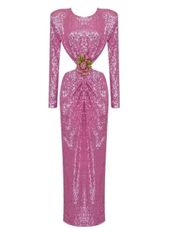 Dresses|Maxi Dresses*Mew Mews Fashion Aviva Long Sleeve Cutout Sequin Maxi Dress In Pink