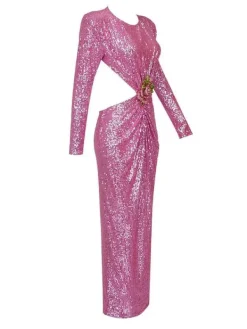 Dresses|Maxi Dresses*Mew Mews Fashion Aviva Long Sleeve Cutout Sequin Maxi Dress In Pink