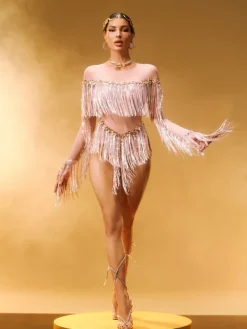 Bodysuits|Tops*Jiu Bajia O/S Axiom Long Sleeve Fringe Bodysuit In Nude