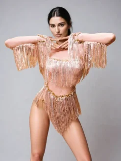Bodysuits|Tops*Jiu Bajia O/S Axiom Long Sleeve Fringe Bodysuit In Nude