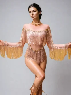 Bodysuits|Tops*Jiu Bajia O/S Axiom Long Sleeve Fringe Bodysuit In Nude