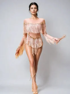 Bodysuits|Tops*Jiu Bajia O/S Axiom Long Sleeve Fringe Bodysuit In Nude