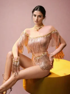 Bodysuits|Tops*Jiu Bajia O/S Axiom Long Sleeve Fringe Bodysuit In Nude