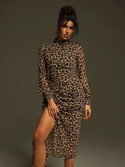 Dresses|Midi Dresses*Mew Mews Fashion Ayam Long Sleeve Leopard Draped Midi Dress