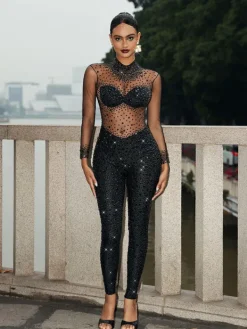 Jumpsuits & Romper|Embellishment*Nuo Fansi Azami Mesh Crystal Jumpsuit In Black