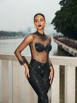Jumpsuits & Romper|Embellishment*Nuo Fansi Azami Mesh Crystal Jumpsuit In Black