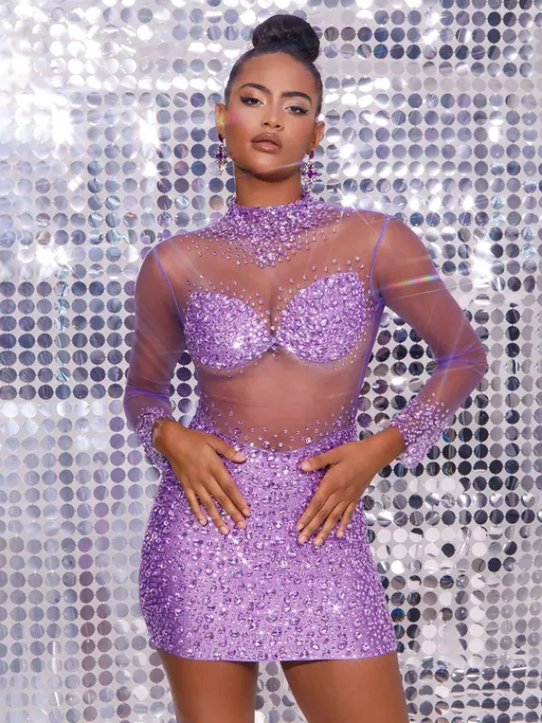 Embellishment|Dresses*Embellishment Azami Mesh Crystal Mini Dress In Purple