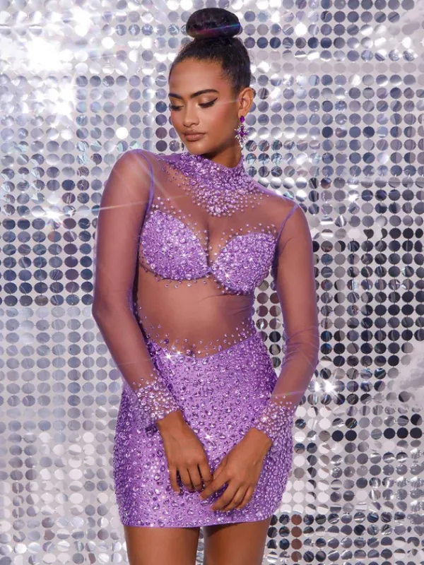 Embellishment|Dresses*Embellishment Azami Mesh Crystal Mini Dress In Purple