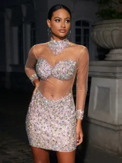 Embellishment|Dresses*Embellishment Azami Mesh Crystal Mini Dress In Silver