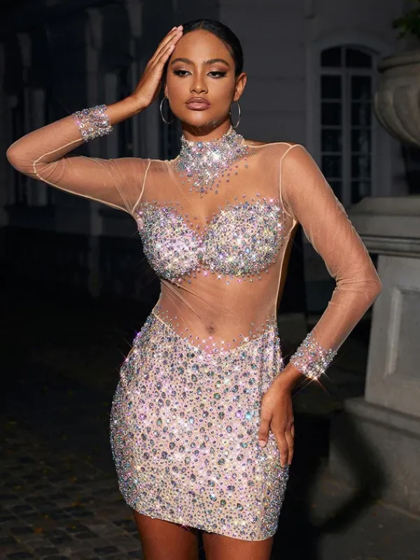 Embellishment|Dresses*Embellishment Azami Mesh Crystal Mini Dress In Silver