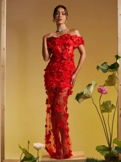 Dresses|Maxi Dresses*Mew Mews Fashion Azizi Off Shoulder Flower Mesh Maxi Dress