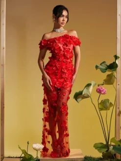 Dresses|Maxi Dresses*Mew Mews Fashion Azizi Off Shoulder Flower Mesh Maxi Dress