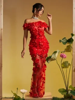 Dresses|Maxi Dresses*Mew Mews Fashion Azizi Off Shoulder Flower Mesh Maxi Dress