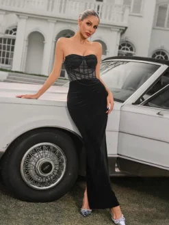 Embellishment|Dresses*Lu Yili Azyria Strapless Split Velvet Maxi Dress