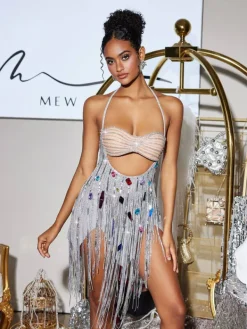 Embellishment|Dresses*Embellishment Bach Halterneck Crystal Chain Fringe Mini Dress