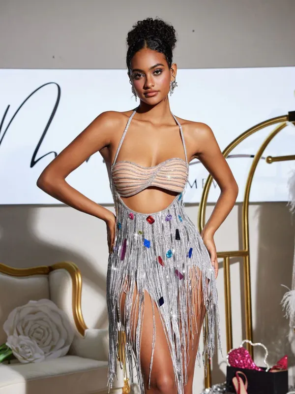 Embellishment|Dresses*Embellishment Bach Halterneck Crystal Chain Fringe Mini Dress