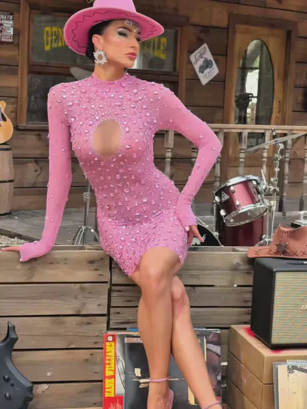 Embellishment|Dresses*Embellishment Baelis Long Sleeve Rhinestone Mesh Mini Dress