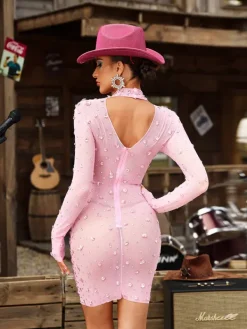 Embellishment|Dresses*Embellishment Baelis Long Sleeve Rhinestone Mesh Mini Dress