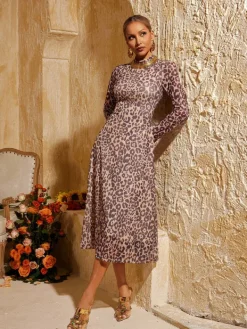 Dresses|Midi Dresses*Mew Mews Fashion Baelorix Long Sleeve Leopard Midi Dress In Brown