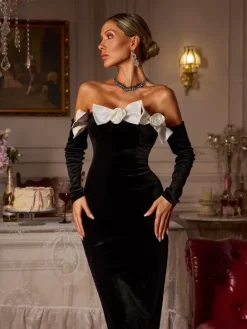 Dresses|Maxi Dresses*Mew Mews Fashion Bakir Off Shoulder Bow Flower Velvet Maxi Dress