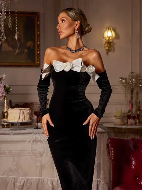 Dresses|Maxi Dresses*Mew Mews Fashion Bakir Off Shoulder Bow Flower Velvet Maxi Dress