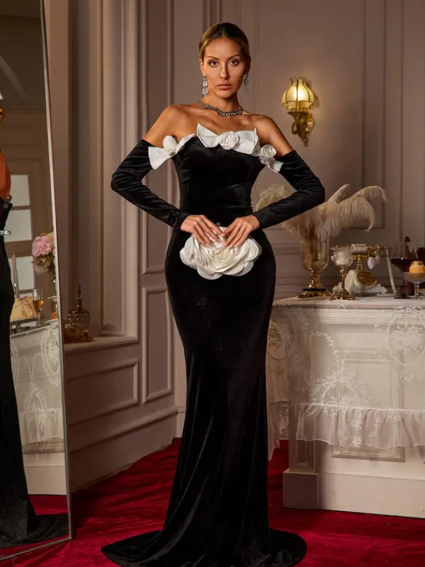 Dresses|Maxi Dresses*Mew Mews Fashion Bakir Off Shoulder Bow Flower Velvet Maxi Dress