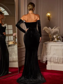 Dresses|Maxi Dresses*Mew Mews Fashion Bakir Off Shoulder Bow Flower Velvet Maxi Dress