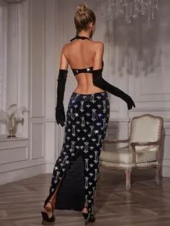 Embellishment|Dresses*Nuo Fansi Banjo Rhinestone Cutout Maxi Dress With Gloves