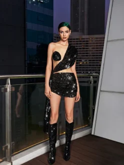 Dresses*Mew Mews Fashion Barnaby Sequin Draped Asymmetric Mesh Mini Dress In Black