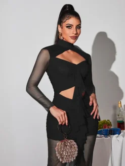 Dresses|Maxi Dresses*Mew Mews Fashion Bedelia Long Sleeve Cutout Mesh Maxi Dress In Black