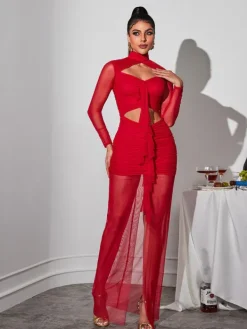Dresses|Maxi Dresses*Mew Mews Fashion Bedelia Long Sleeve Cutout Mesh Maxi Dress