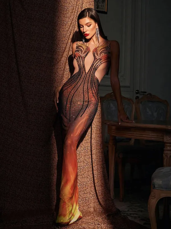 Embellishment|Dresses*Embellishment Bellezza Printed Rhinestone Maxi Dress