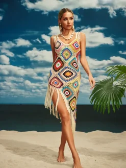 Cover-ups|Swimwear*Mew Mews Fashion O/S Belva Spaghetti Knitted Fringe Midi Dress