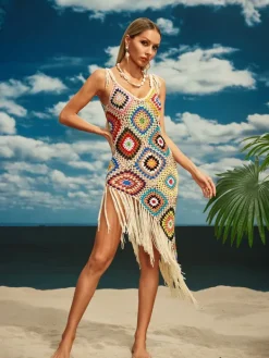 Cover-ups|Swimwear*Mew Mews Fashion O/S Belva Spaghetti Knitted Fringe Midi Dress