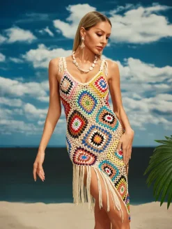 Cover-ups|Swimwear*Mew Mews Fashion O/S Belva Spaghetti Knitted Fringe Midi Dress