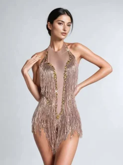 Bodysuits|Tops*Embellishment O/S Benicio Halterneck Fringe Sequin Bodysuit