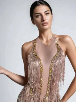 Bodysuits|Tops*Embellishment O/S Benicio Halterneck Fringe Sequin Bodysuit