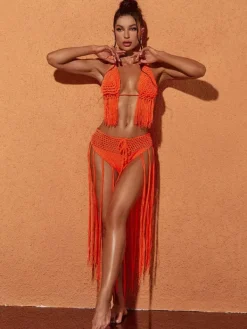 Bikini Sets|Swimwear*Mew Mews Fashion Berlin Knit Fringe Bikini Two Piece Set In Orange