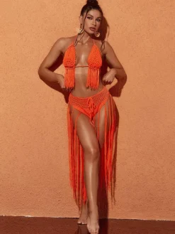 Bikini Sets|Swimwear*Mew Mews Fashion Berlin Knit Fringe Bikini Two Piece Set In Orange