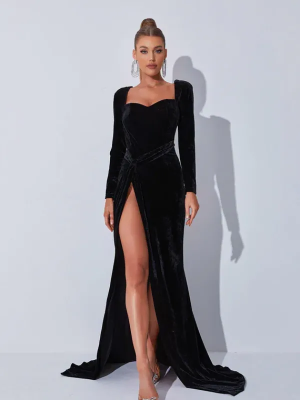 Dresses|Maxi Dresses*Mew Mews Fashion Bernice Long Sleeve Gloves Velvet Maxi Dress In Black