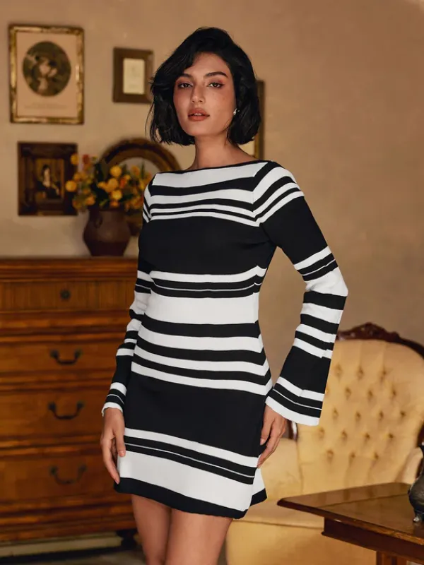 Dresses|Mini Dresses*Mew Mews Fashion Bertin Long Sleeve Stripe Knitted Mini Dress
