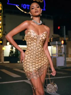 Embellishment|Dresses*Embellishment Bettye Strapless Rhinestone Fringe Mini Dress