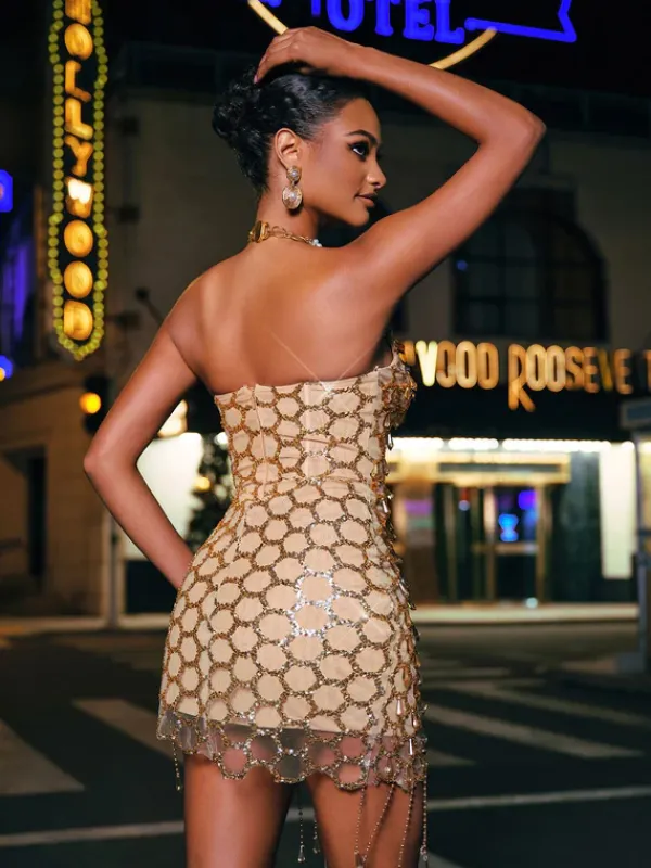 Embellishment|Dresses*Embellishment Bettye Strapless Rhinestone Fringe Mini Dress